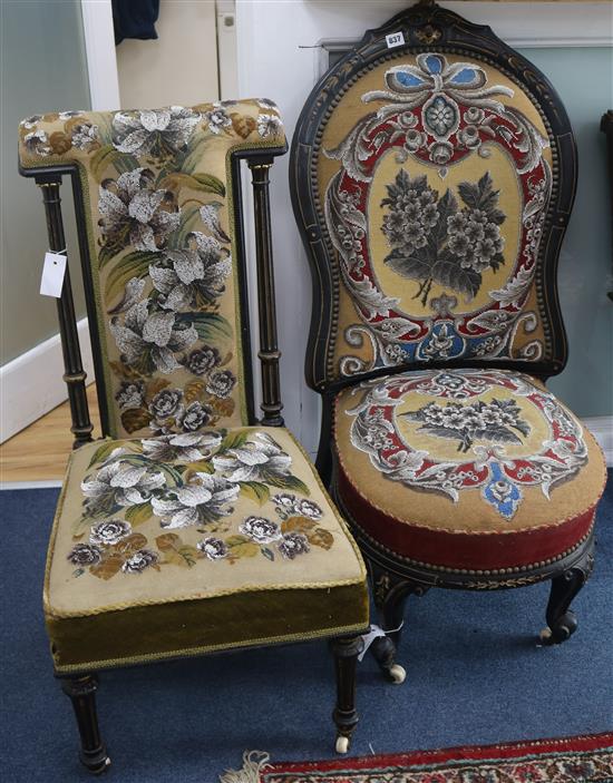Two Victorian ebonised, beadwork and needlepoint occasional chairs